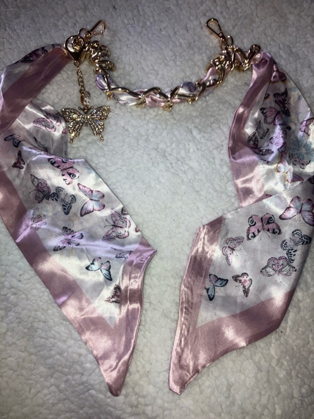 Silk Butterfly Print Scarf purse Necklace w/gold rhinestone butterfly bag charm